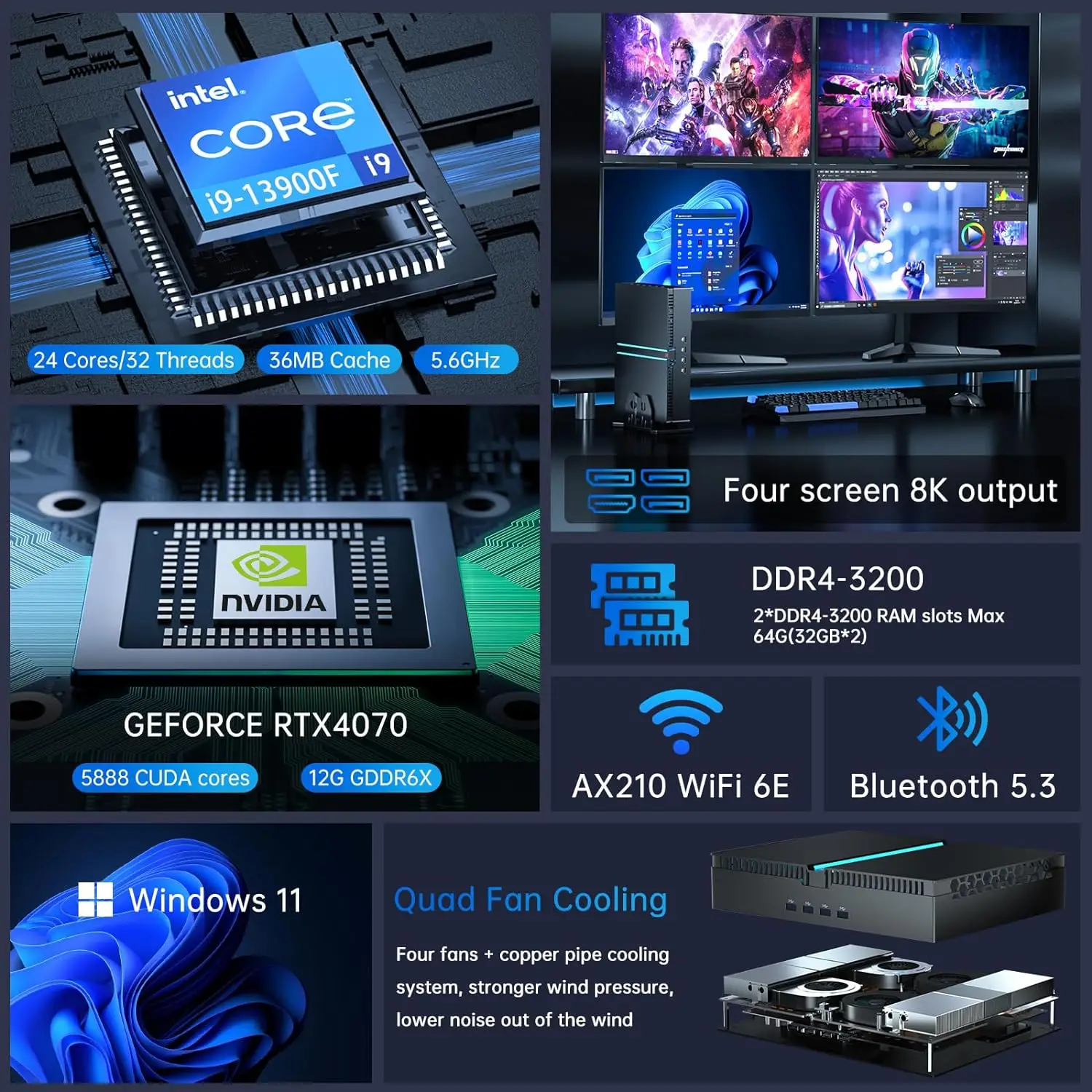 Imagem -02 - Mini Gaming Computer Tower Desktop pc Intel i9 13900f i7 13700f 13400f Nvidia Rtx 4070 12g Windows 11 Wifi6 1st Gen