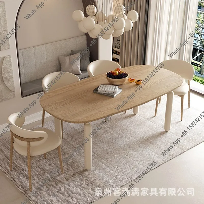 N67 Nordic simple cream style all solid wood dining table and chair combination oval household log long table ash wood