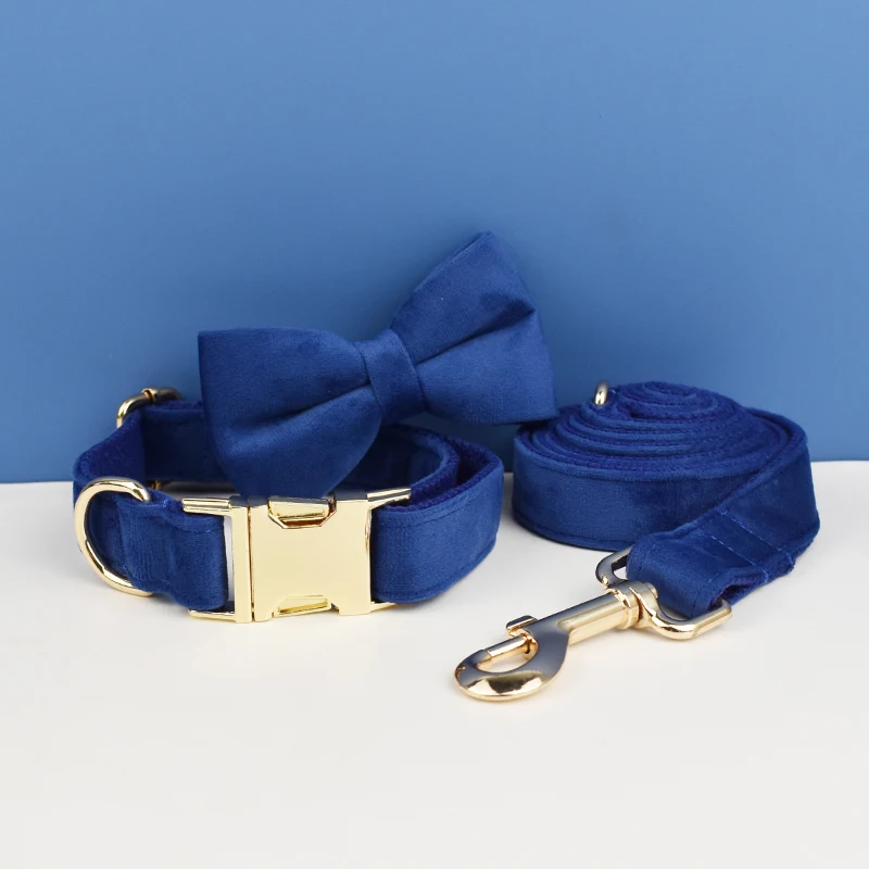 Navy Blue Velvet Dog Collar And Leash Set For Dogs Custom Engraved Nameplate Pet Supplies Dog Leash Velvet36