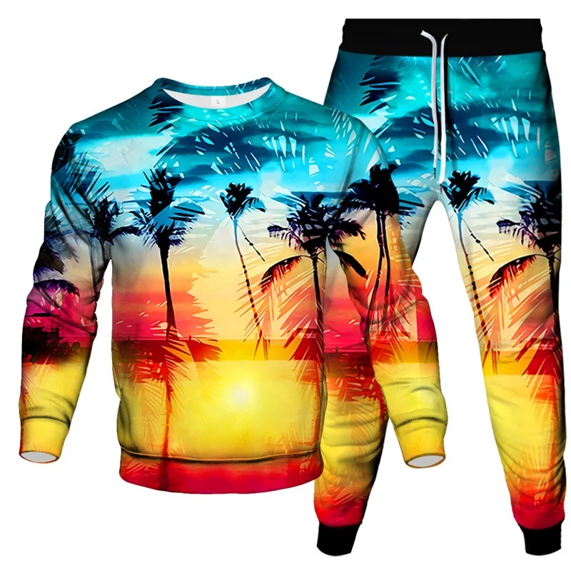 New Autumn Men Fashion Clothes Suits Male Clothes Coconut Tree Print Oversized Tracksuits 2 Piece Jogging Pants Sweatshirt Sets