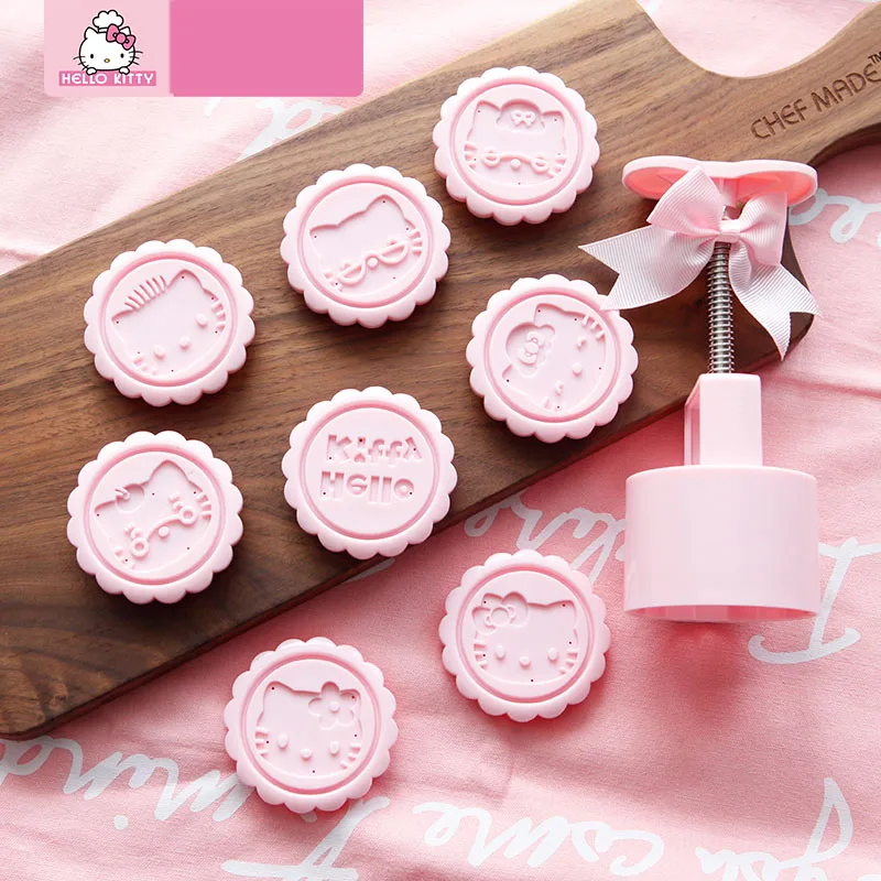 Kawaii olá kitty flor em forma de mooncake molde 75g kt diy pressão da mão lua bolo molde de plástico imprensa cortador biscoito ferramenta de cozimento