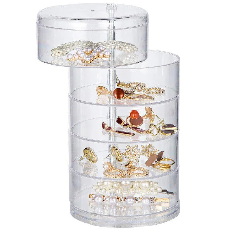 Rotating Jewelry Storage Box for Makeup Storage Rack Bracelet Earring Round Plastic Organizer Holder Display Rack with Cover