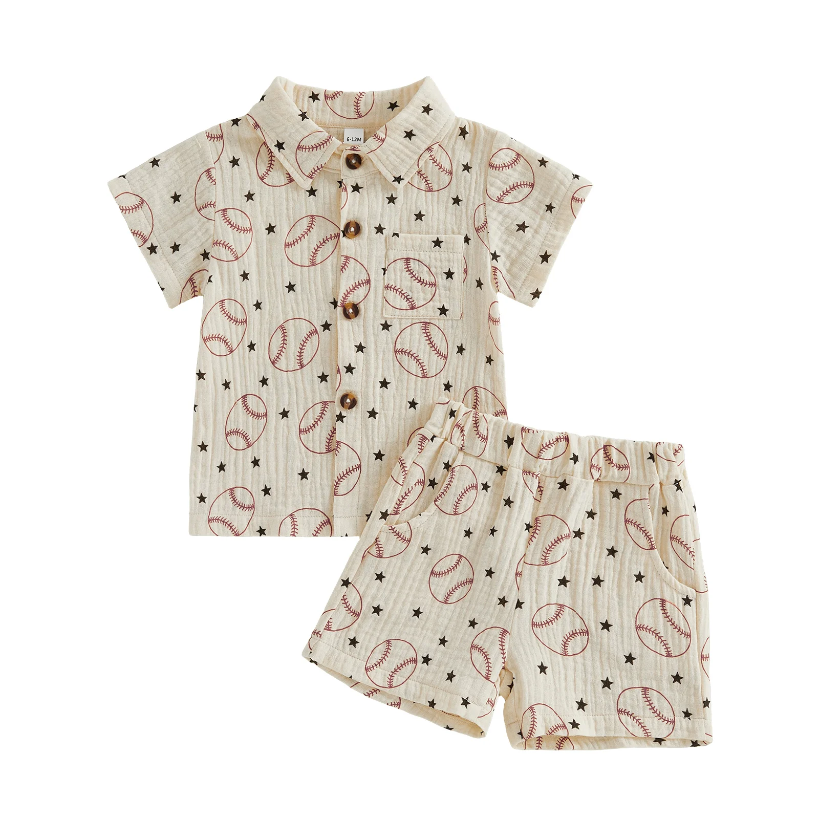 Toddler Baby Boy Summer Outfit Baseball Print Button Down Turn Down Neck Short Sleeve Shirt and Shorts 2 Pcs Set