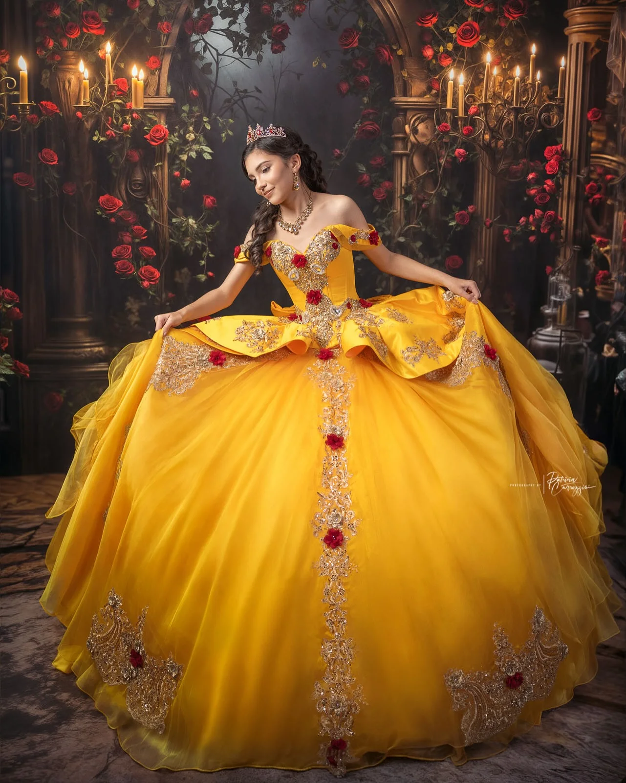Customized Gold Lace Appliques Quinceanera Dresse with Red Flower Off the Shoulder Ruffles Tiered Drama Costume
