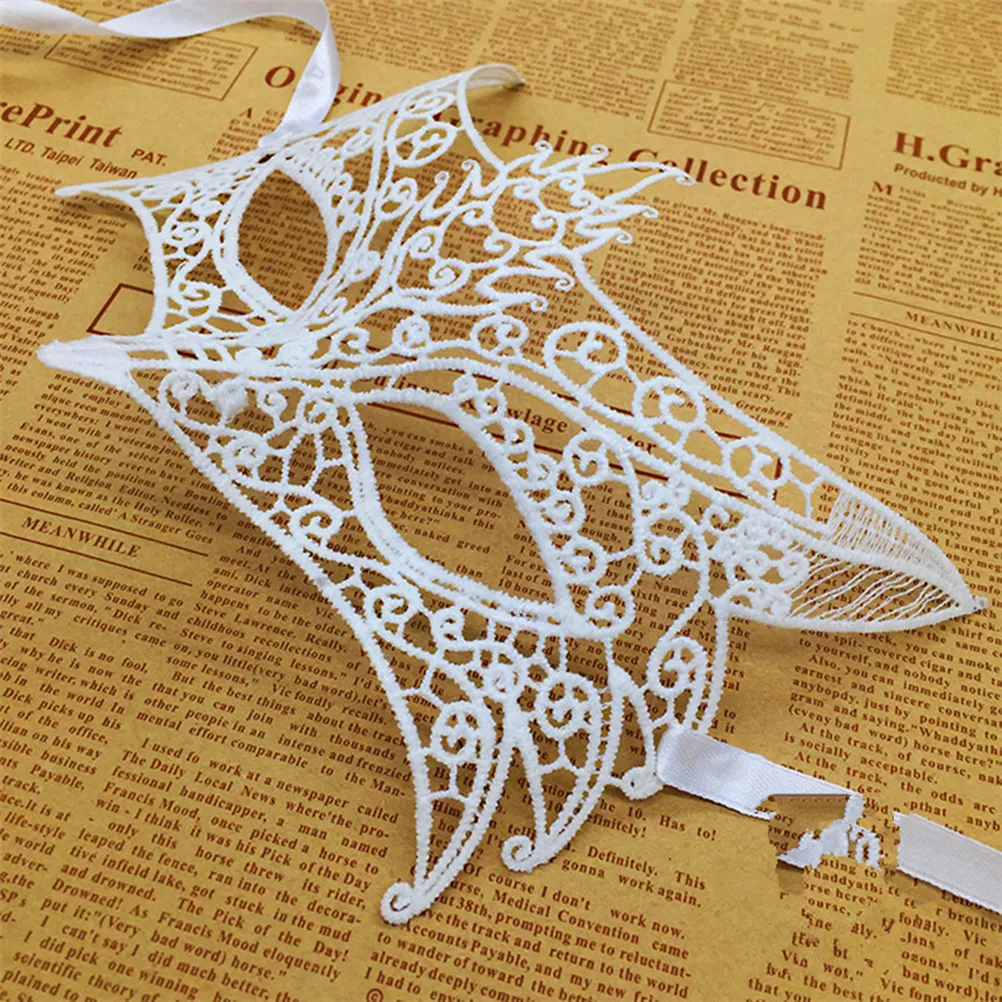 Fox Lace Masquerade Mask White Hollow Out Embroidered Ribbon Tie Lace Party Evening Prom Costume Ball Accessory