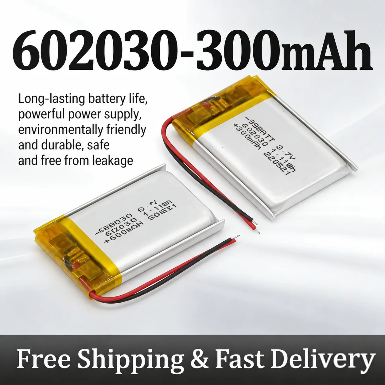 602030 3.7V 300mAh Li-Polymer Battery JST PH 2.0mm 2-Pin for TWS Charging Case Bluetooth Earphone Dash Cam Rechargeable Li-Po