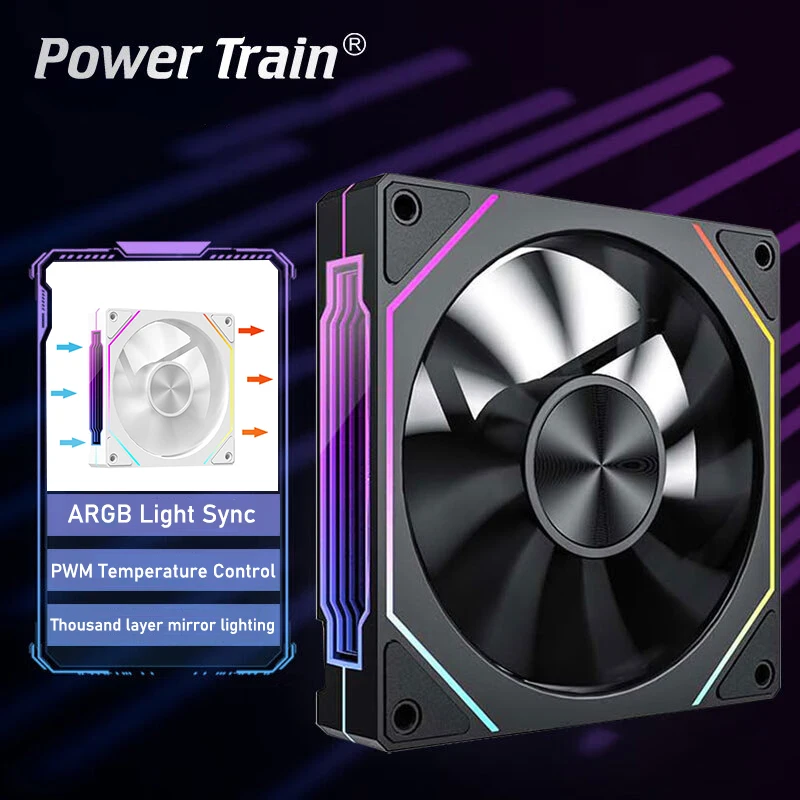 

Power Train PRISM 5 Pro Вентилятор для корпуса компьютера 120 мм ARGB 4-контактный ШИМ Тихий вентилятор охлаждения процессора 12 В Большой объем воздуха 56.8CFM/600-1500RPM