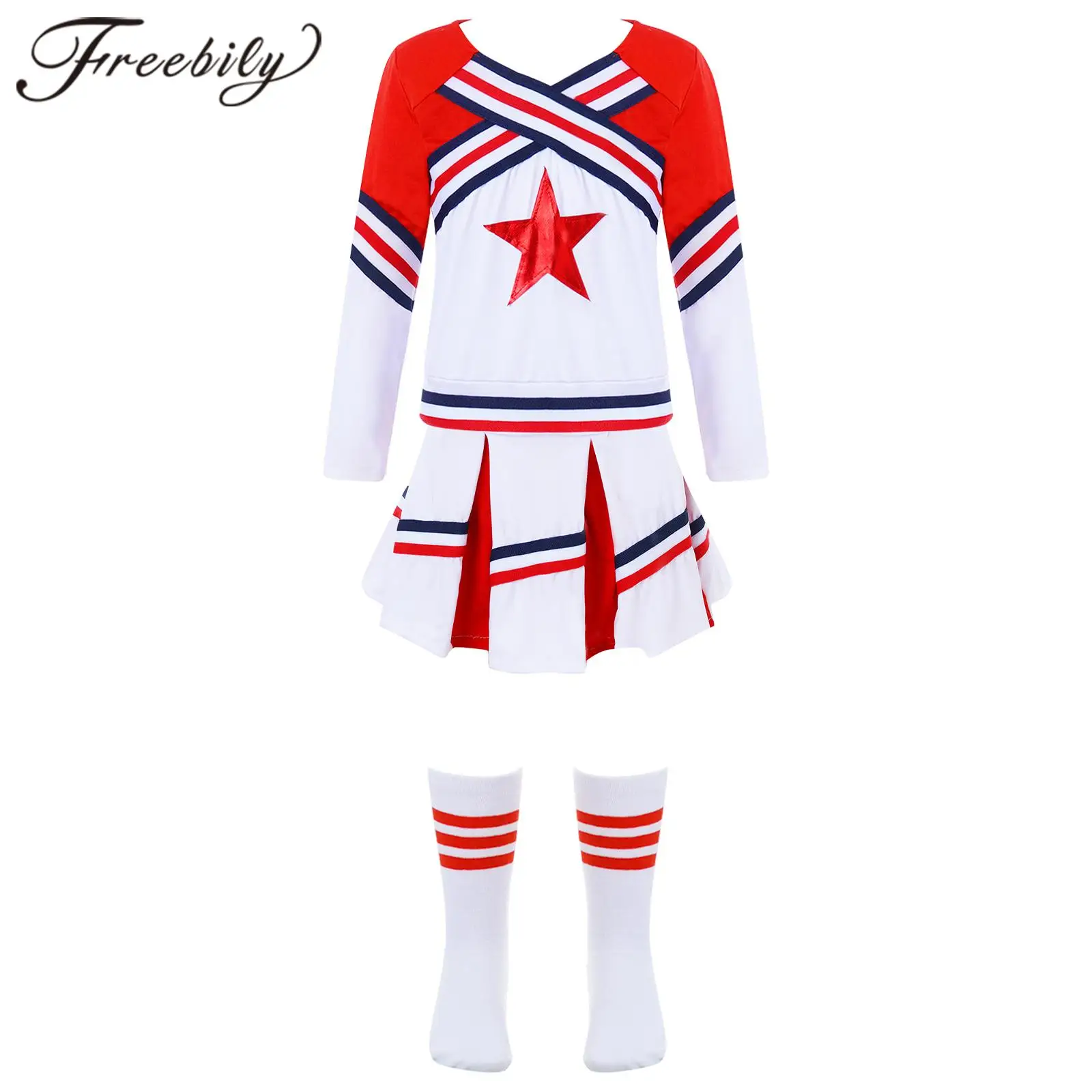 

Kids Girls Cheerleading Costume Long Sleeve Children Cheerleader Uniform School Cheer Suit For Dancing Competition Costumes