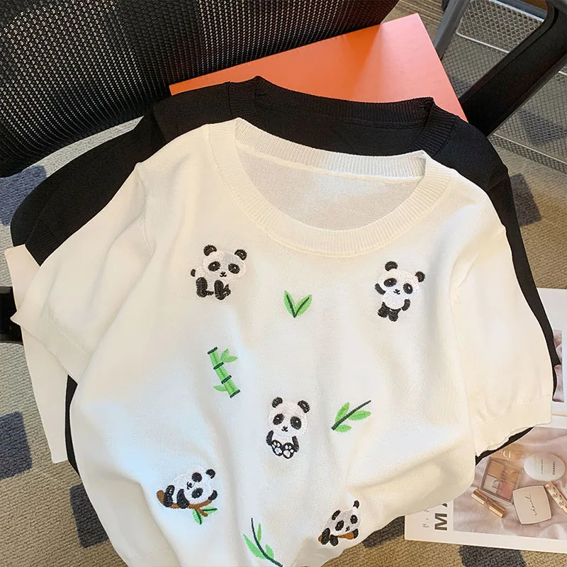 

Summer New Chic Panda Embroidery Thin Knitted T-Shirt Women's Loose Casual O-neck Short Sleeve Tops