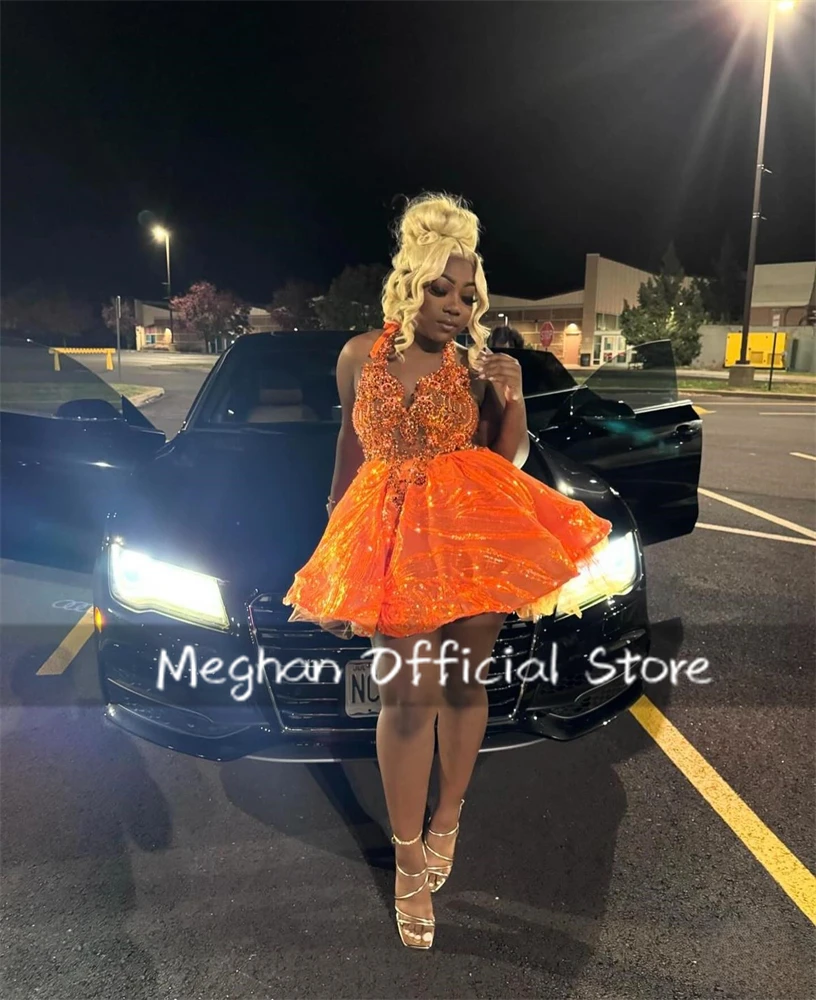 Orange Halter Prom Dresses Short Bead Crystal Appliques 2025 Birthday Luxury Dress Black Girl Ball Gown Mini Cocktail Customized
