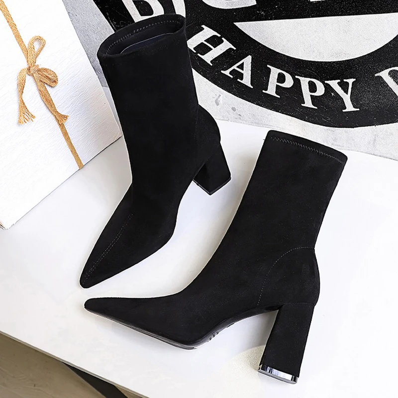 BIGTREE Shoes High Heel Boots Suede Women Ankle Boots Pointed Toe Socks Boots Thick Heel Women Shoes Warm Winter Boots Size 43