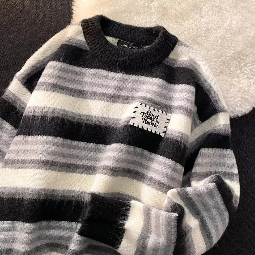 

Мужской вязаный свитер свободного кроя с круглым вырезом, длинными рукавами и полосатым узором, осенне-зимний повседневный топ, модный трикотаж