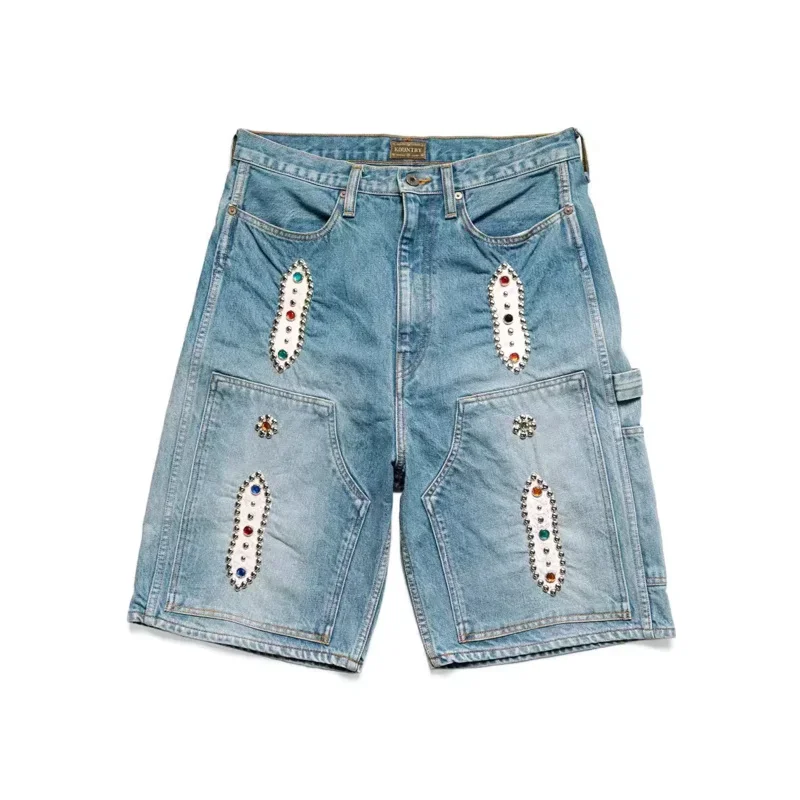 

KAPITAL 23SS New Blue Dyed Retro Distressed Loose Rivet-Inlaid Gemstone Denim Shorts