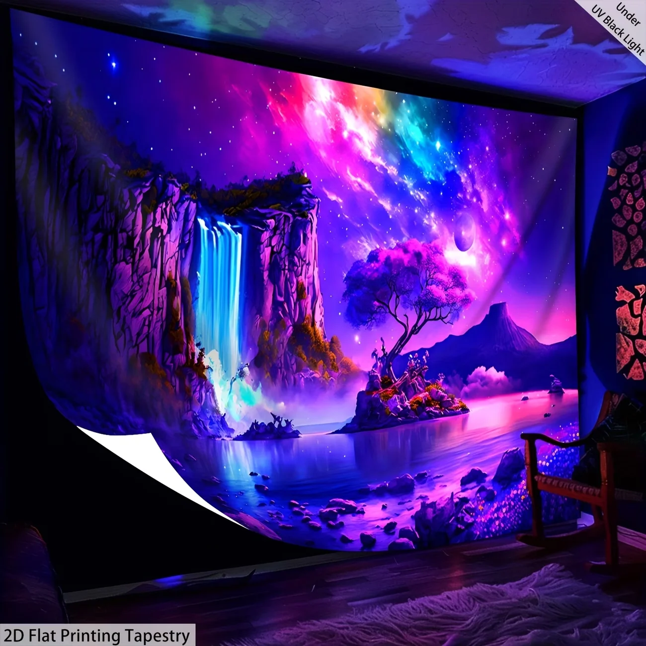 1PC Digital Printed Tapestry Wall Hanging, Galaxy Waterfall Purple Landscape, Dreamy Cosmic Nature Wall Art Decor