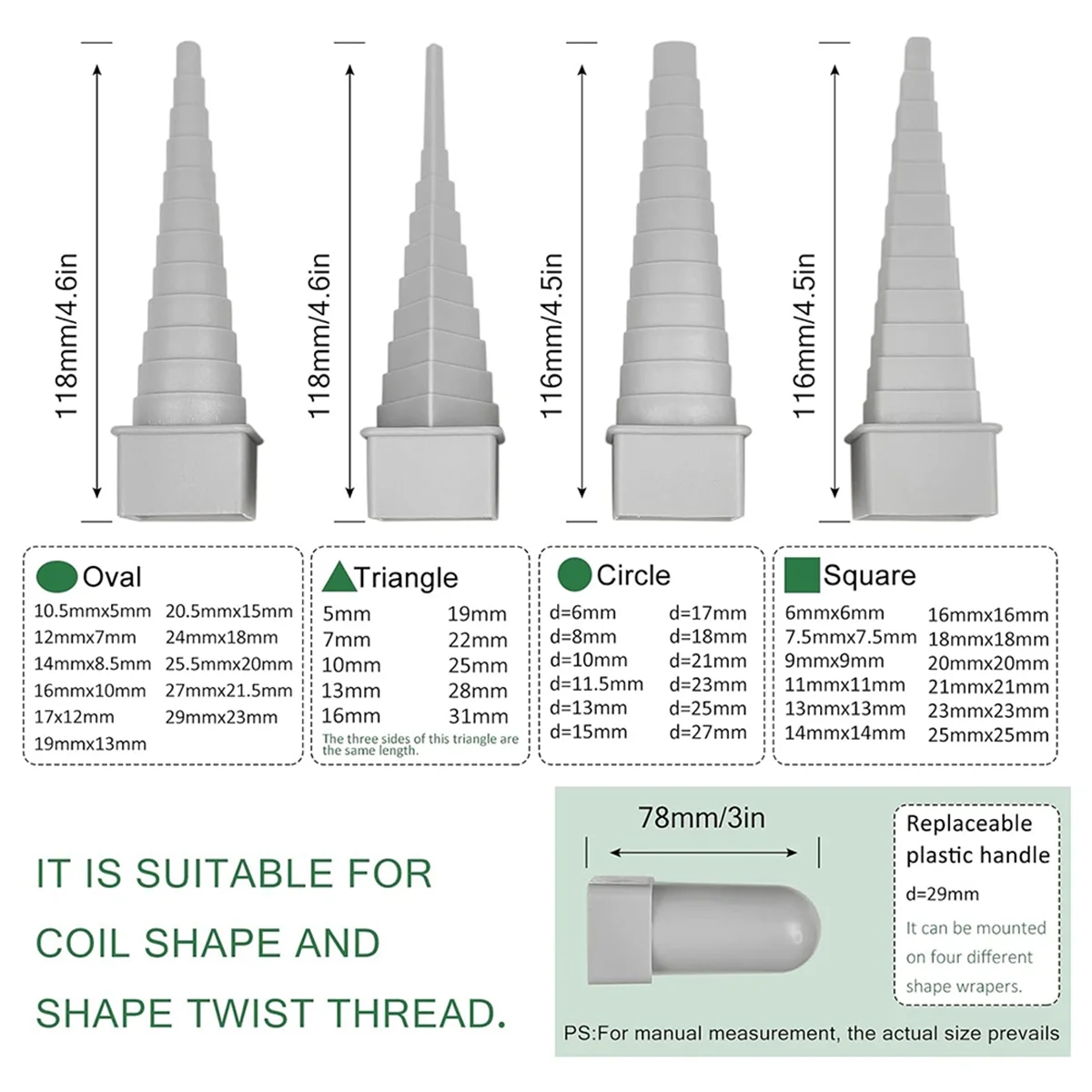 Juego de herramientas para envolver cables de mandril de 4 piezas, incluye mango Triangular, redondo, ovalado, cuadrado y de plástico para bobinado de metal