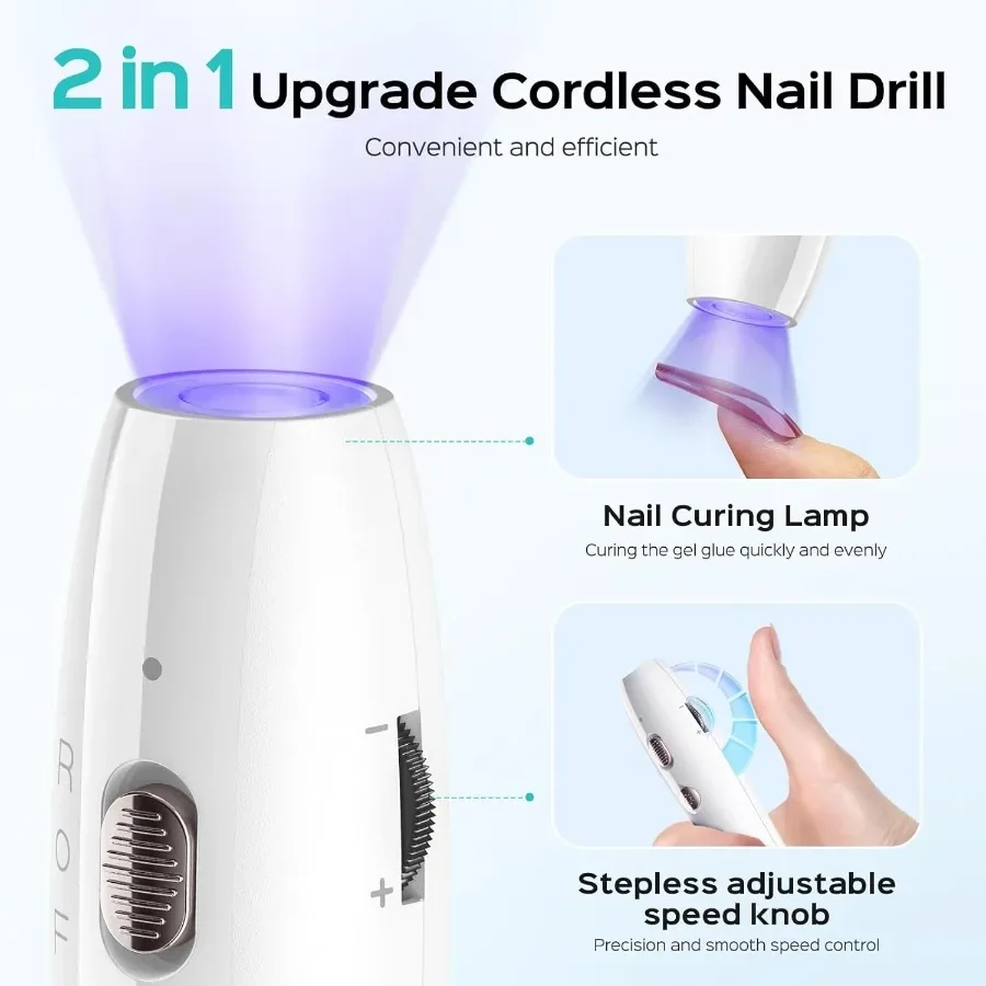 Broca elétrica sem fio para unhas, arquivo com lâmpada para unhas, 2 em 1, portátil, kit para gel acrílico, pó de imersão, recarga de unhas