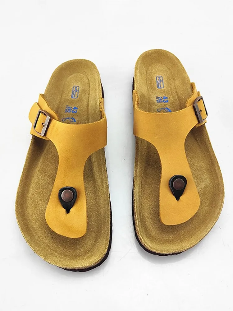 Summer Men Casual Cowhide Genuine Leather Flip Flops Thick Platform Slippers Vintage Buckle Holiday Beach Slippers Slip On Shoes