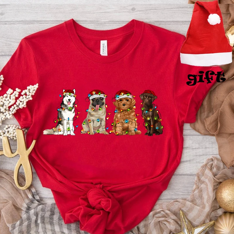 Fashion Merry Christmas Dog Women T-shirts with Christmas Hats Xmas Matching Tshirt Party Short Sleeve Tees Casual Shirts