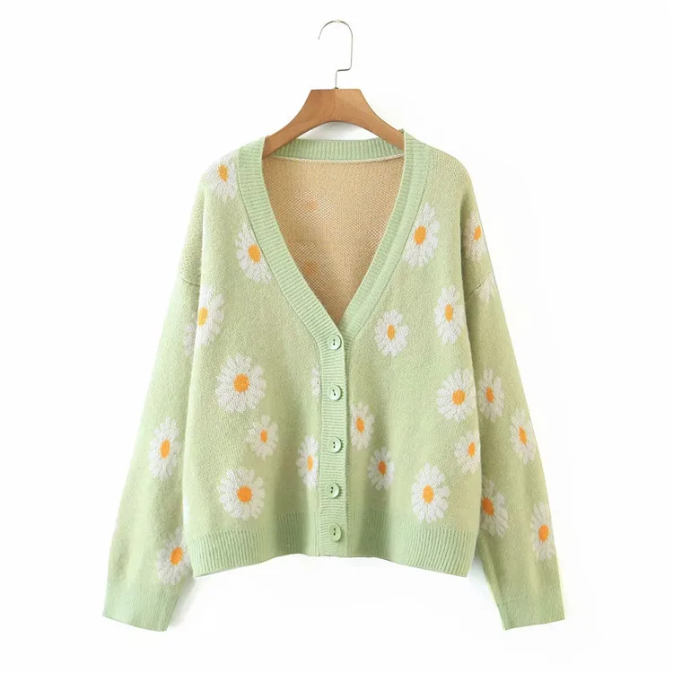 Cardigan in maglia jacquard floreale da donna maglione a maniche lunghe con scollo a V abbottonato maglione Vintage estetico capispalla top maglione