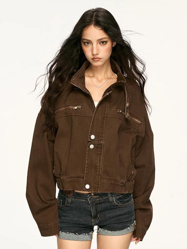 

Aaisup American Retro Stand Collar Denim Jaet Women's Loose Versatile Workwear Jaet Top Cotton Long Sve ort Coat