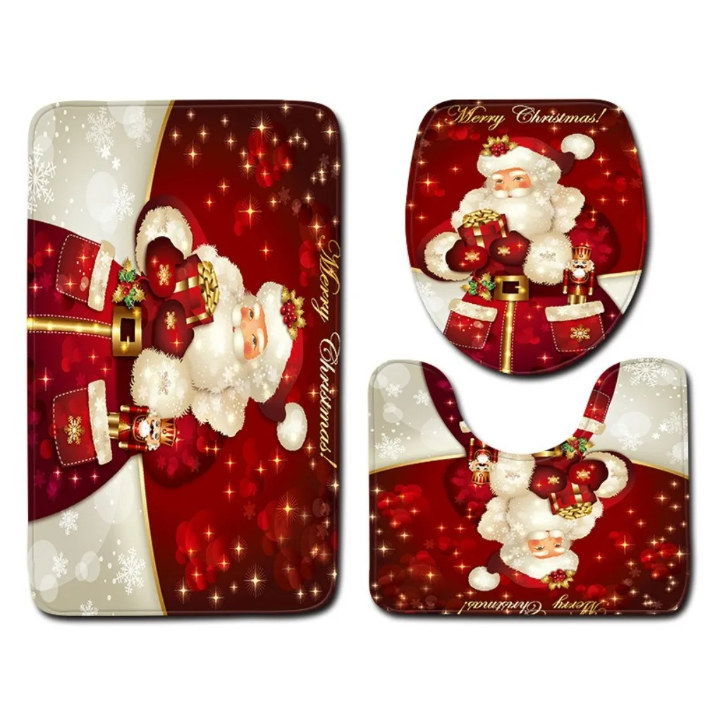 U-Shaped Design Bathroom Mat Set 3-Piece Set Anti-Slip Surface Toilet Floor Mat Watercolor Print Soft Texture Toilet Cover Set