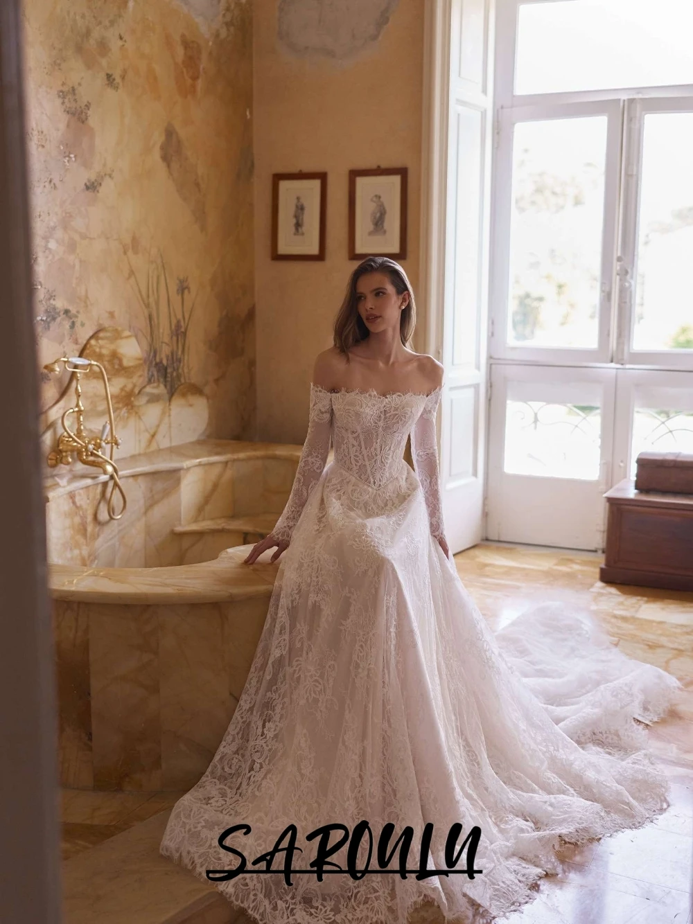 Vintage Romantic Off Shoulder Lace Wedding Dress Long Sleeve Illusion Corset Bodice Flowy A-Line Garden Bridal Gown Customized