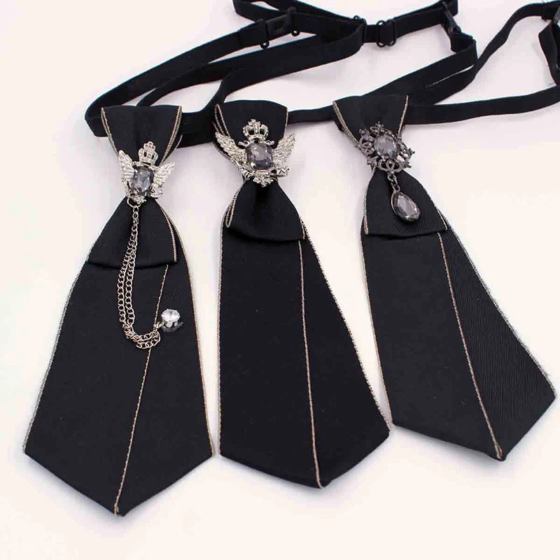 Punk Black Necktie Gothic Metal Chain Crystal Pendant Jewelry Bowtie Evening Adjustable Pre-Tied JK Shirt Decoration Bow Tie