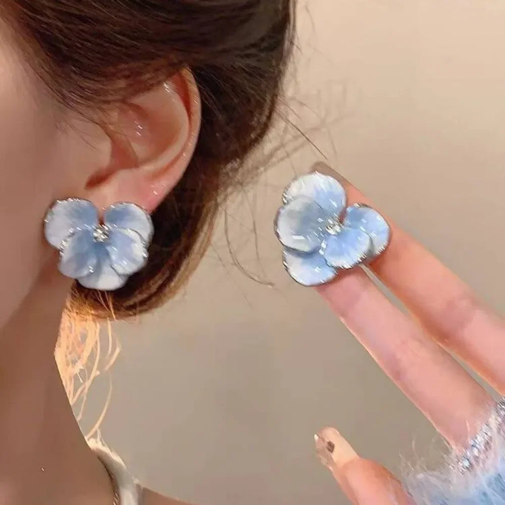2025 Red Blue Enamel Stud Earrings for Women, Korean Fashion Five-Petals Crystal Cute Girls Ear Decor Jewelry