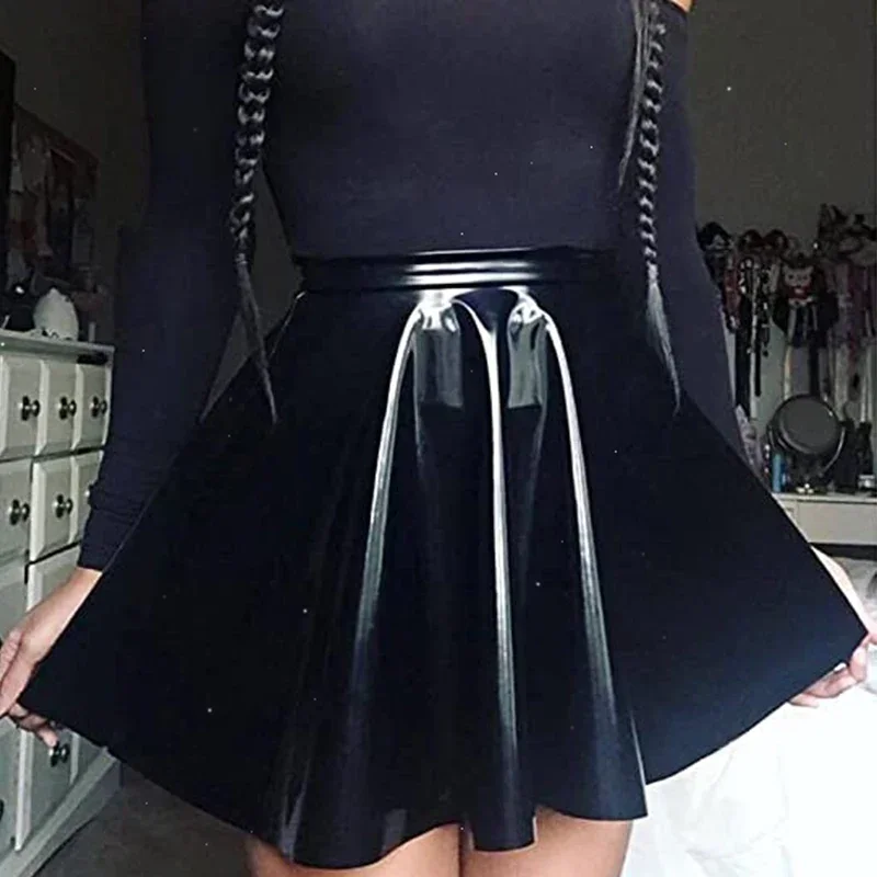

Women Gothic PVC A-line Skating Skirt Shiny Patent Leather Pleated Skirt Ladies High Waist Faux Latex Mini Skirt Custom Clubwear