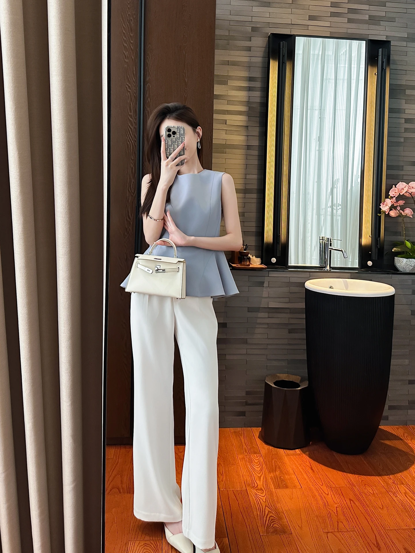 

You See Summer Office Wear Soft And Ele Mist Blue Top Bot Set Women's Faionable Work orm ort Sve round Ne