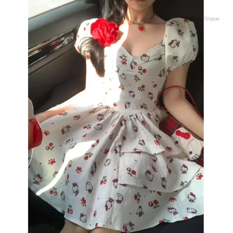 Sanrio Hello Kitty Printed Bubble Sleeve Princess Dress Japan Korean Style Sweet Fluffy Skirt Y2k Women Summer Aesthetic Dresses