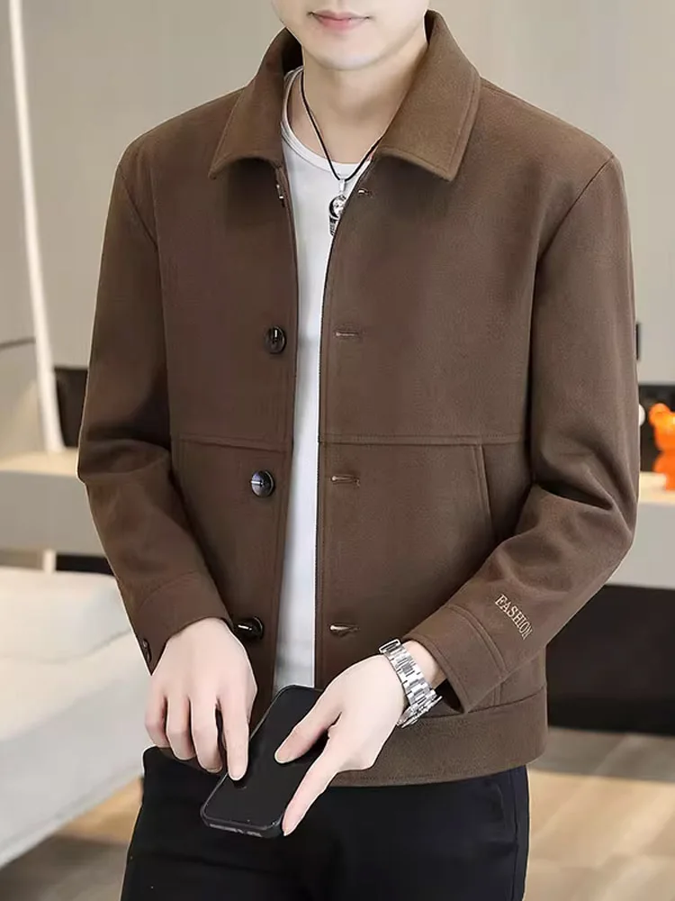 

Шикарная повседневная мужская куртка приталенного кроя цвета темного кофе с воротником, весенне-осенняя верхняя одежда, молодежное модное пальто из полиэфирного волокна