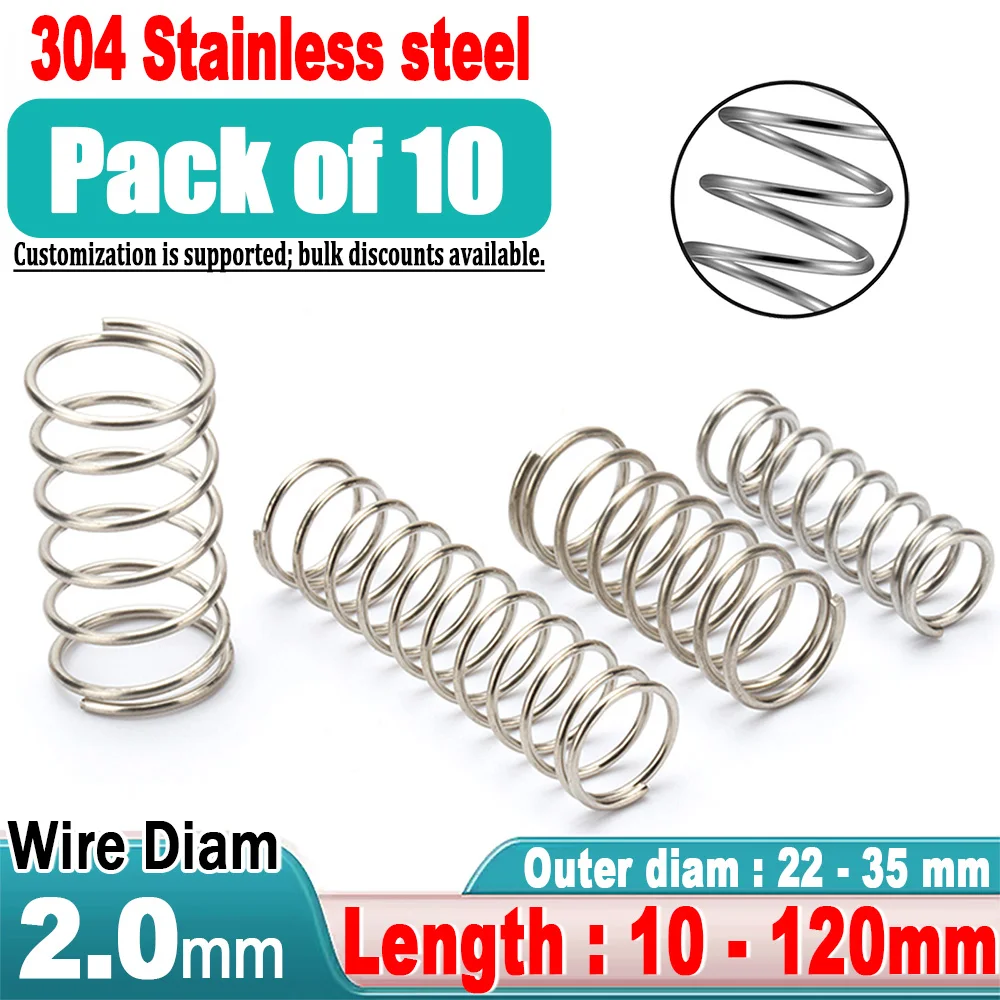 Compression Spring 2mm Wire Diameter；22 - 35mm OD Small Pressure Springs 304 Stainless Steel Length: 10mm-120mm