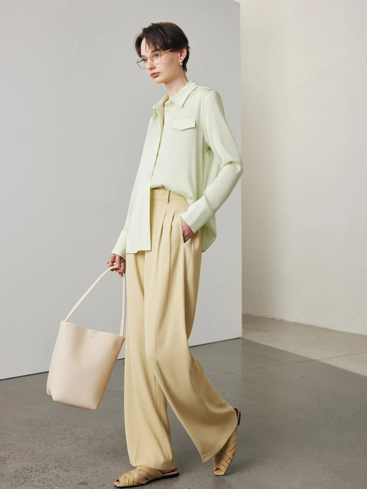 SuyaDreamm, Woman Solid Shirts, 90%Silk 10%Spandex, Turn Down Collar Chic Blouses, 2025 Spring Summer Elegant Top, Yellow