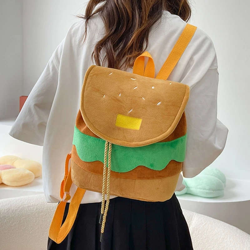 Sacs à dos en peluche de grande capacité pour étudiants, joli sac à dos de voyage, hamburger de dessin animé, sac d\'école à cordon de proximité