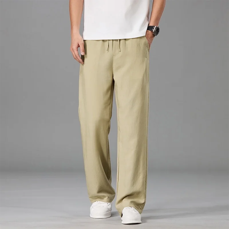 

Summer Thin Cozy Lyocell Linen Fabric Pants Men Elastic Waist Outdoors Jogger Breathable Wrinkled Fabric Outdoor Casual Trousers