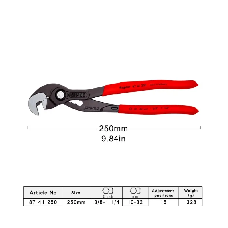 KNIPEX 87 41 250 كماشة مضخة قابلة للتعديل متعددة الاستخدام (10 بوصة) - مفتاح ربط أنبوب المشبك السريع لأدوات يدوية لإصلاح الجوز والمسمار