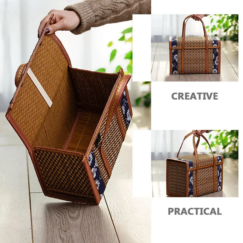 Picnic Woven Basket Wicker Storage Bag Handle Rattan Grass Foldable Bamboo Basket