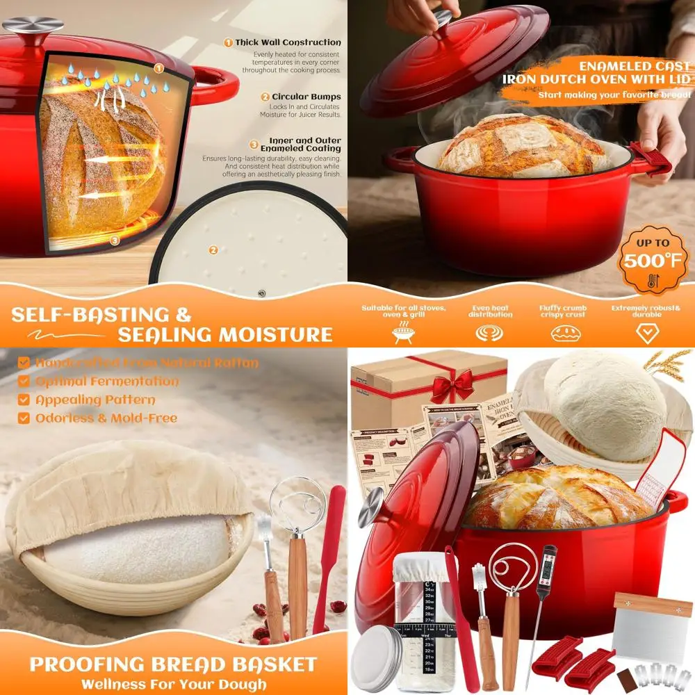 

Эмалированная чугунная голландская духовка с крышкой, 5 QT, набор для выпечки хлеба на закваске, баннолет, стартовая банка, нож с ламенем, сейф для духовки до 500