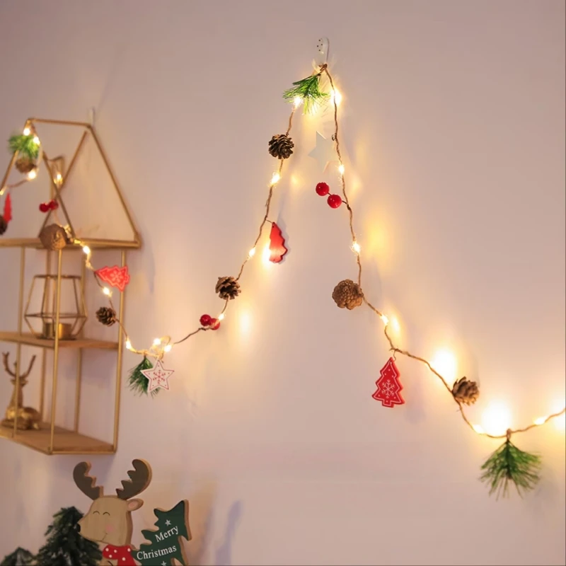 LED Christmas String Lights Pinecone Five-Pointed Star Xmas Tree Sign Lights Battery Operated New Year Room Wall Home Decoration