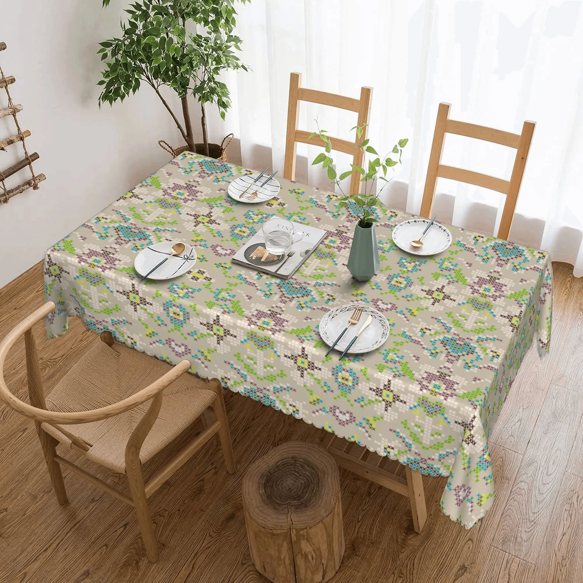 Nappe rectangulaire de style broderie ukrainienne nordique, nappe anti-tache, motif floral vintage, couvre-table