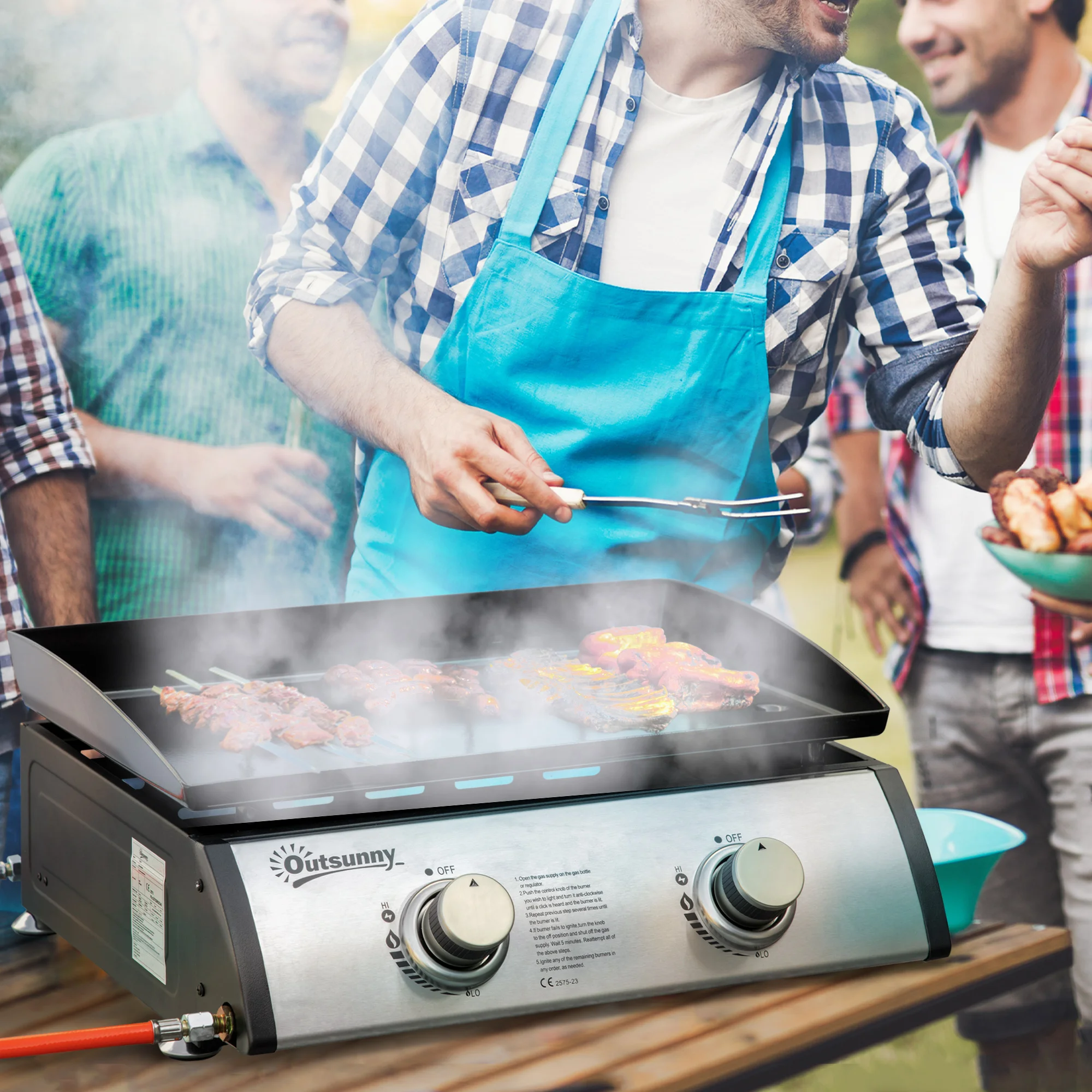 Outsunny Tafelmodel gasgrill met 2 roestvrijstalen branders 6Kw Draagbare barbecue met grillplaat voor picknick kamperen 48,5X48X21Cm Zwart Zilver