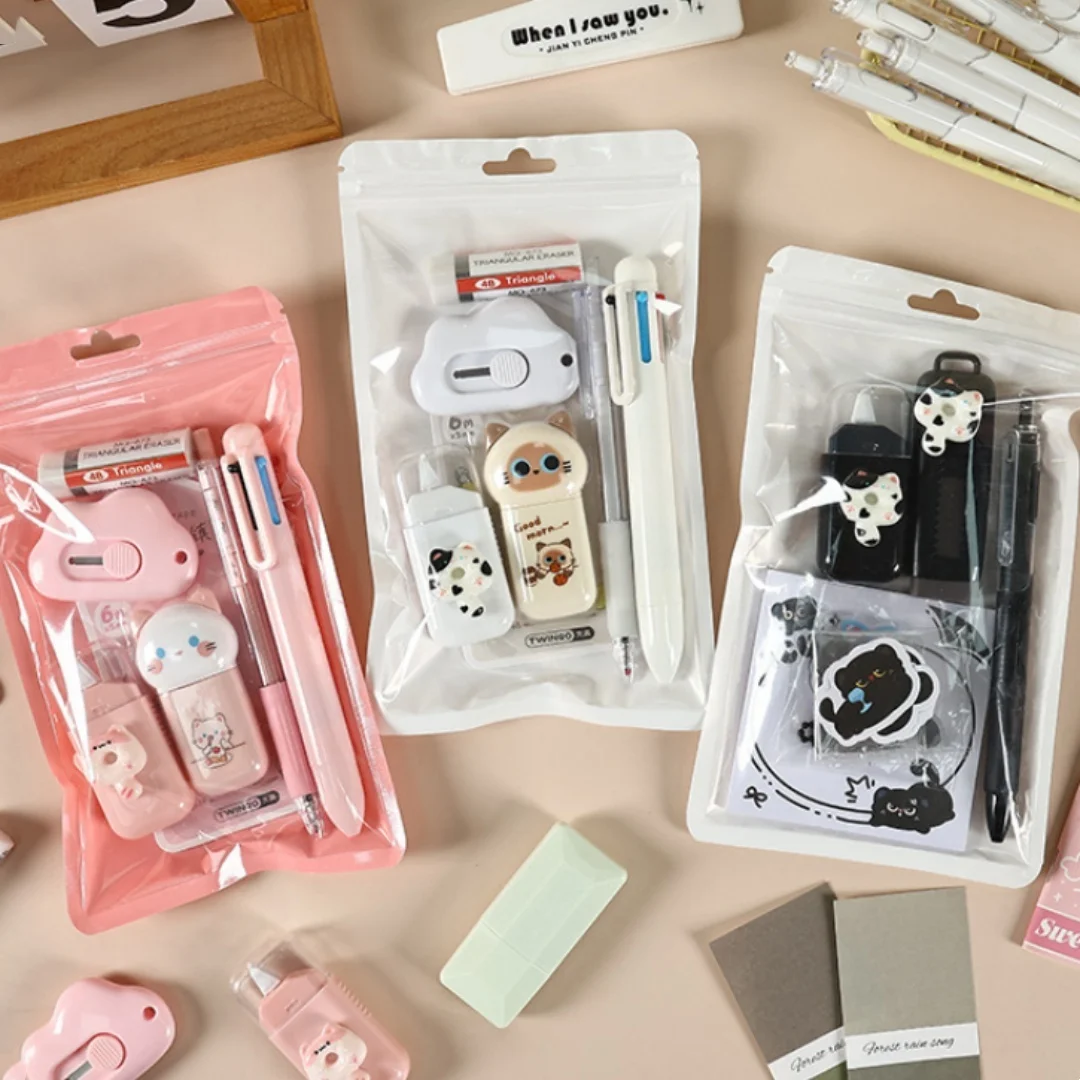 Cute Meow Cartoon Stationery Set Children Student Learning Gift Classroom Prizes Birthday Present Back to School Stationery Kit