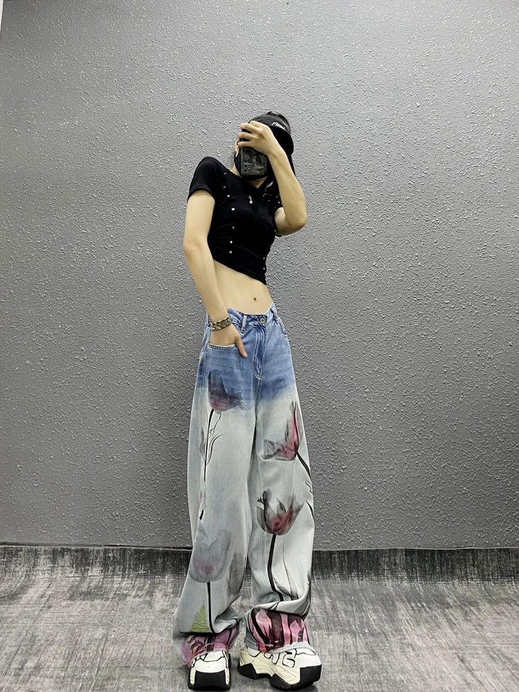 Women's 2024 Summer High Waist Denim Trousers Loose Versatile Straight Wide-Leg Denim Pants Ink Multicolor Printing Casual Jeans