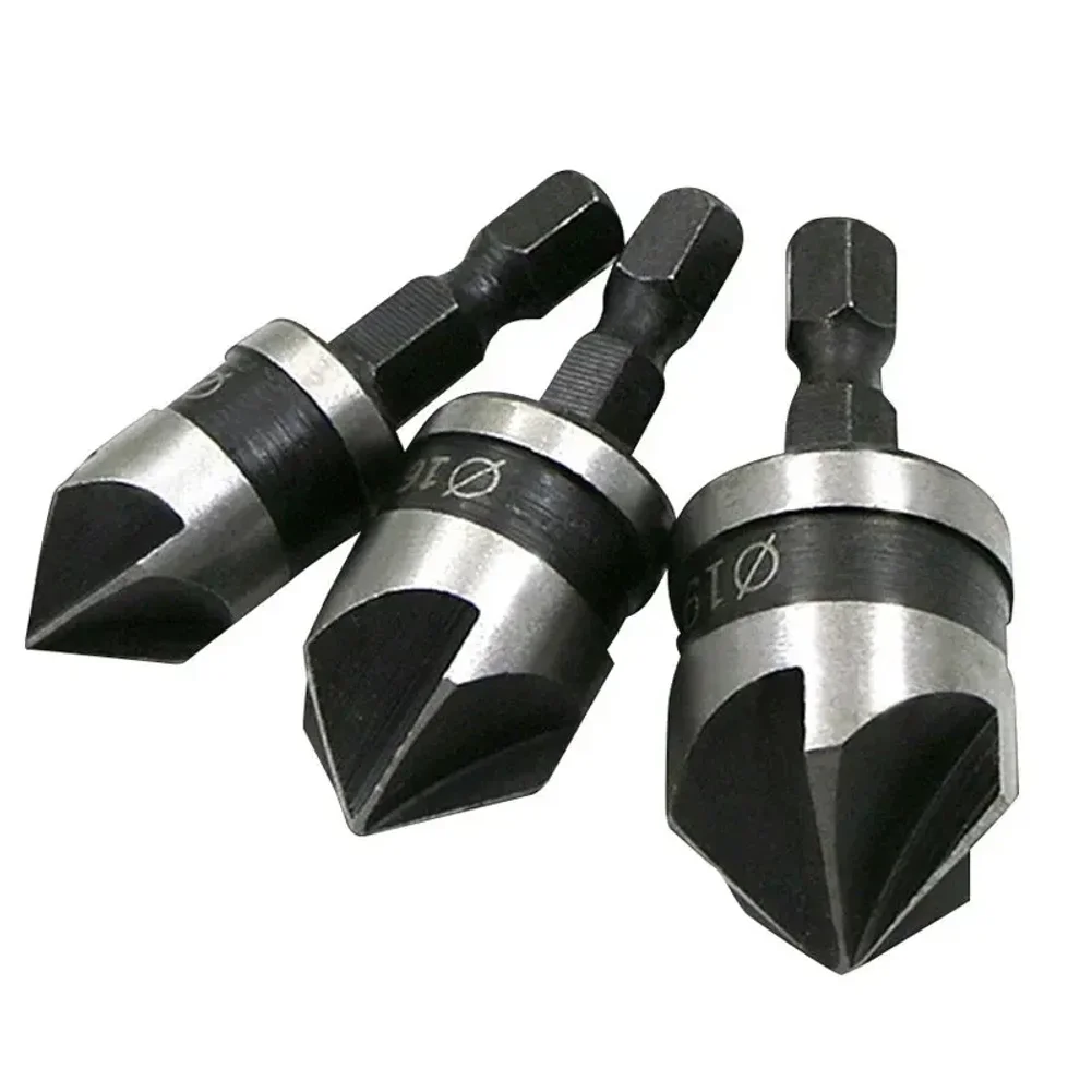 3PC Hexagonal Shank 90 Degree Black Five Blade Chamferer 12/16/19mm Countersink Drill Woodworking Hole Opener Tool Set New