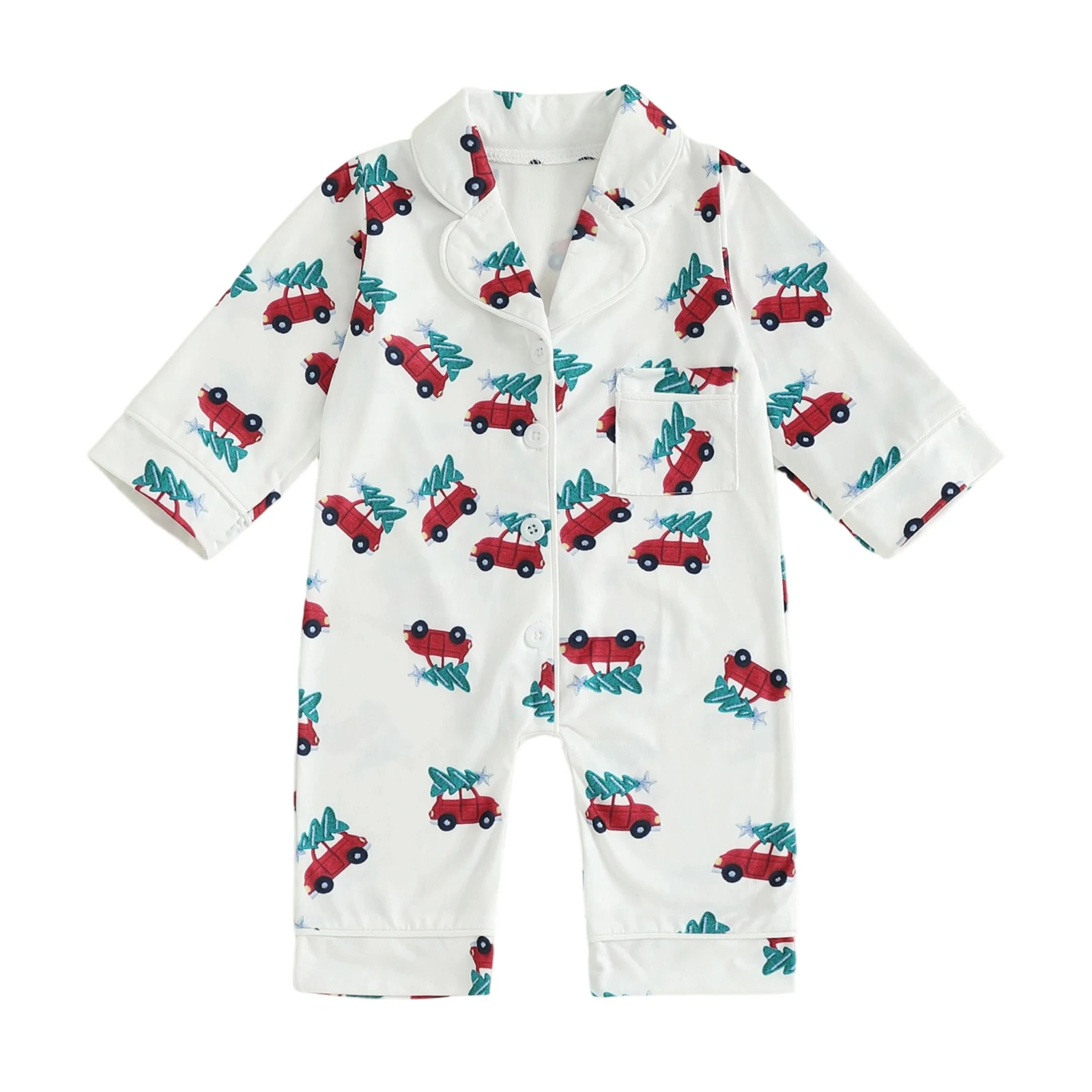 

Baby Christmas Printed Romper Long Sleeve Turn Down Collar Car Tree Print Button Up Pajama