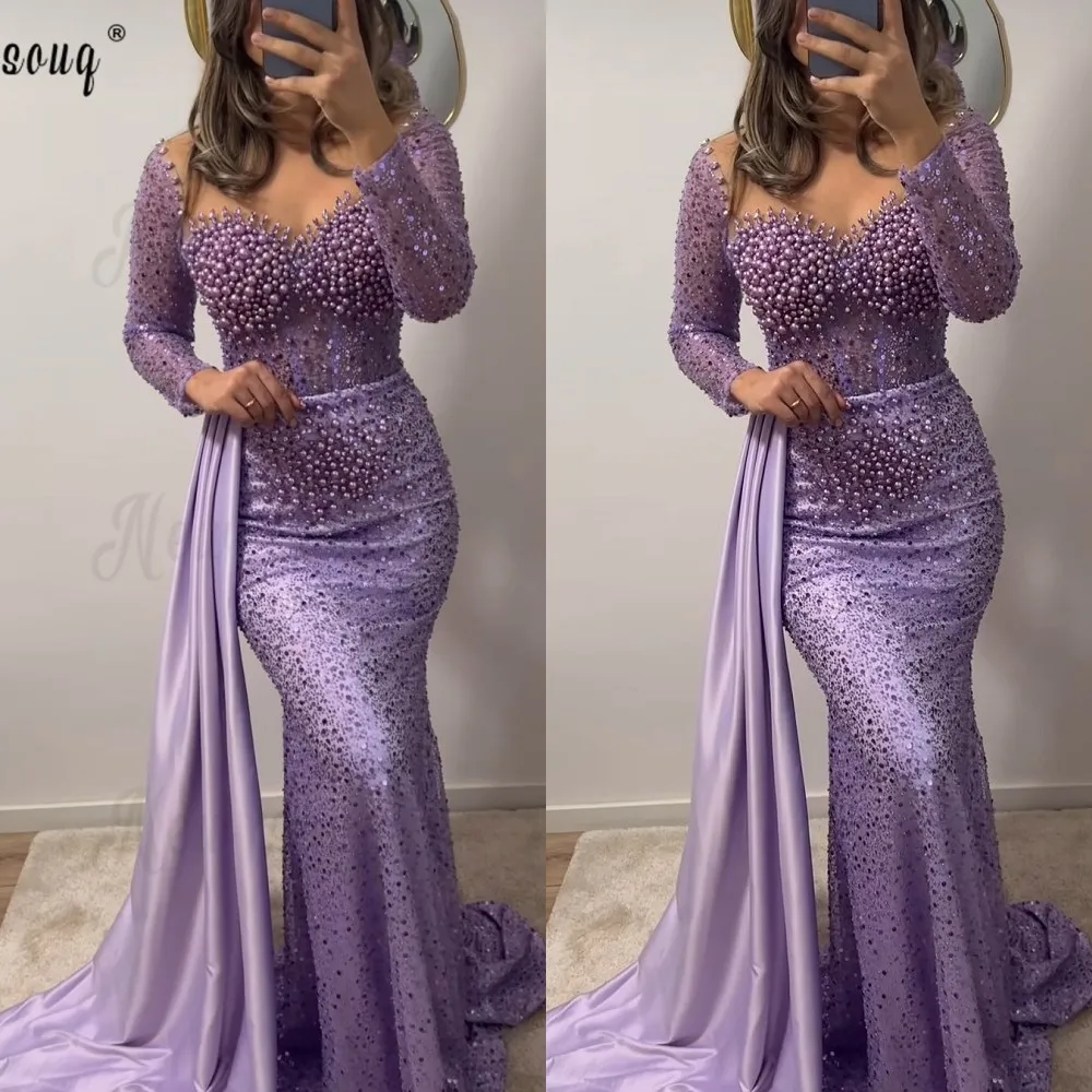 

Elegant Lavender Full Pearls Evening Dress For Sisters Wedding Party Gowns Muslim Long Sleeves Formal Occasion Dresses فساتبن سه