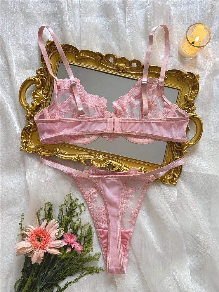 Bra Brief Sets Female Embroidery Transparent Sexy Romantic Lingerie Pink Lace Underwear Flowers Sensual See Through Exotic Sets