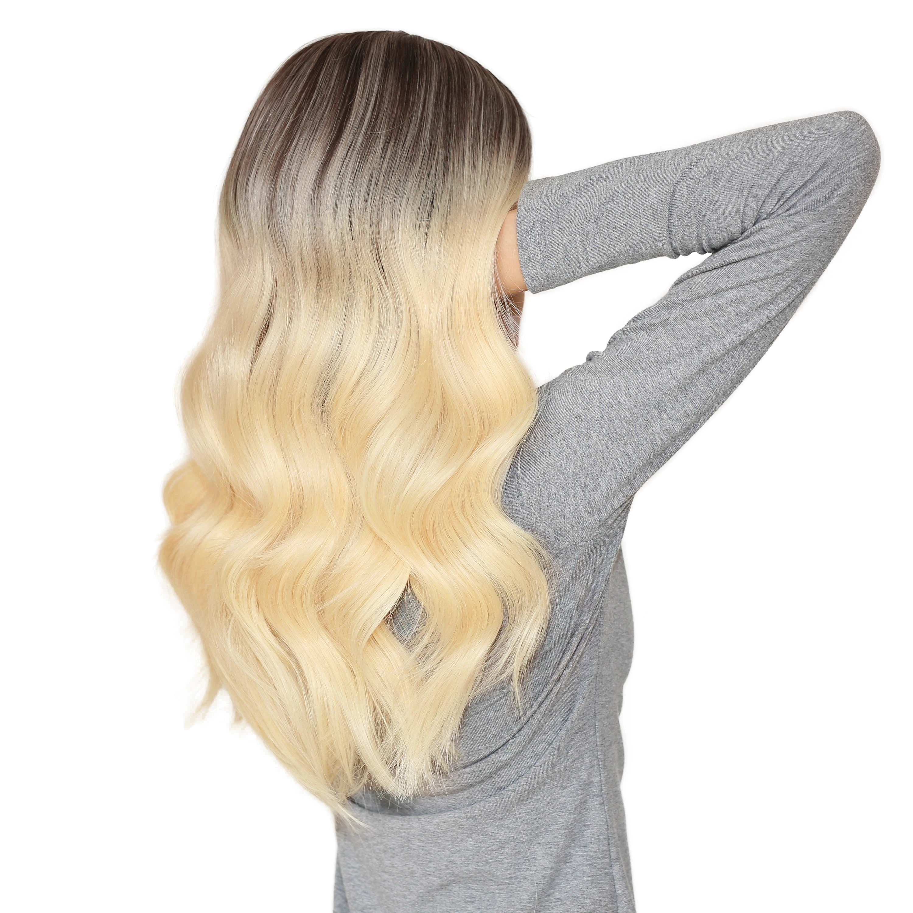 Wavy Lace Front & Top Wig Golden Blonde with Brunette Hand Painted Glueless Human Hair Balayage Ombre Wig