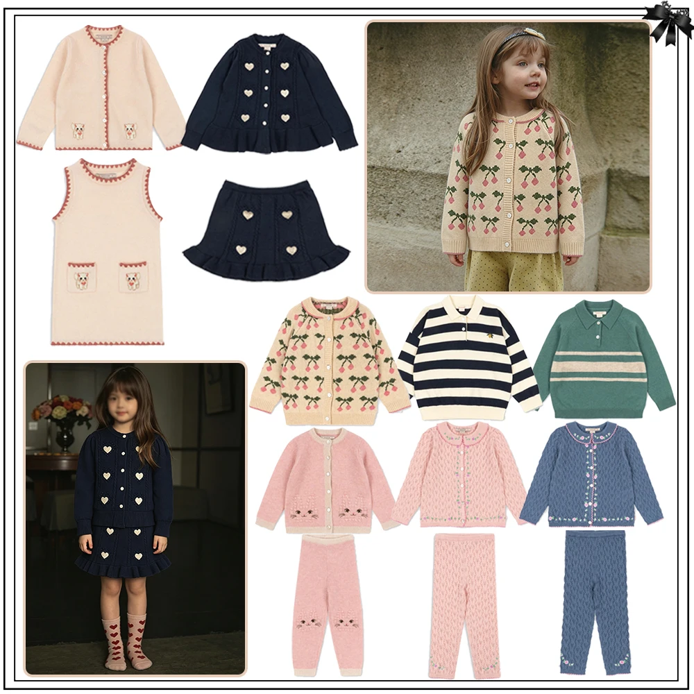 2026 Autumn/Winter New Product KS Sweater Love Knitted Cardigan Cute Fashion Set Skirt Pink Cherry Knitted Cardigan Casual Coat